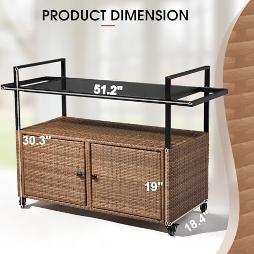 VINGLI Wicker Outdoor Bar Cart with Storage and Wheels, Outdoor Bar Table Serving Cart Rattan Bar Cart with Glass Top and Shelf for Pool, Party, Backyard, Porch (Brown) - Image 3