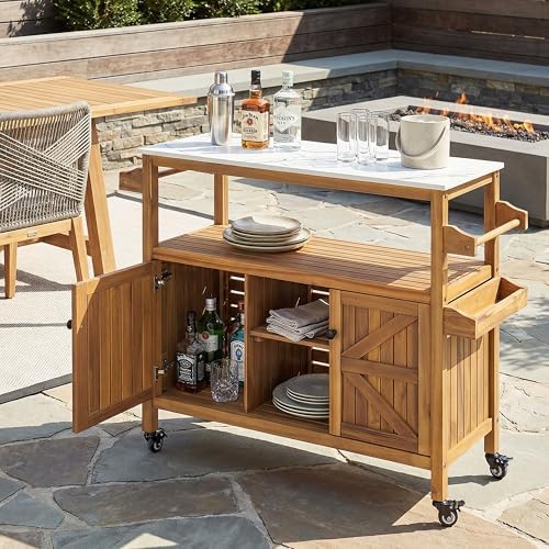 Christopher Knight Home Shina Outdoor Bar Cart with Marble-Effect Top + Lockable Wheels, Acacia Wood Outdoor Storage Cabinet with Open Shelves and 2 Doors, Kitchen Island Serving Cart, Natural - Image 5