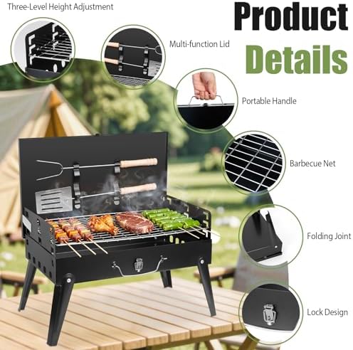 Portable Charcoal Grill, Small Foldable BBQ Suitcase Grill with Storage Shelf, Barbecue Grill for Outdoor Camping Picnics Garden Backyard Patio Parties, 16.7"×10"×17.7" - Image 4