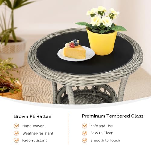 VINGLI Outdoor Wicker Side Table, Patio Side Tables for Outside Tempered Glass Top Wicker Table with Storage End Table for Balcony Porch Deck (Grey) - Image 6