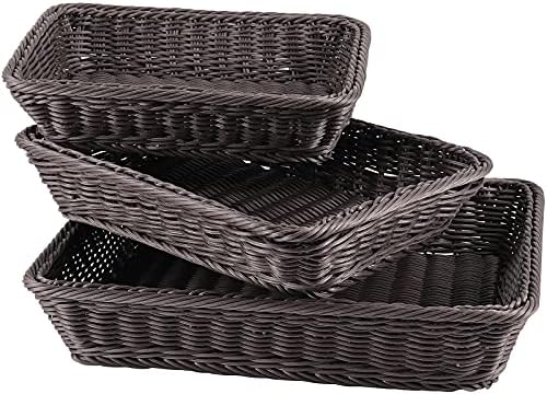 ZOENHOU 3 Packs Poly-Wicker Bread Basket, 16” 14” 12” Handmade Woven Basket, Tabletop Display Organizer Serving Baskets for Home Restaurant Hotel Food Fruit Vegetables Snacks Storage, Dark Brown by ZOENHOUDIRECT