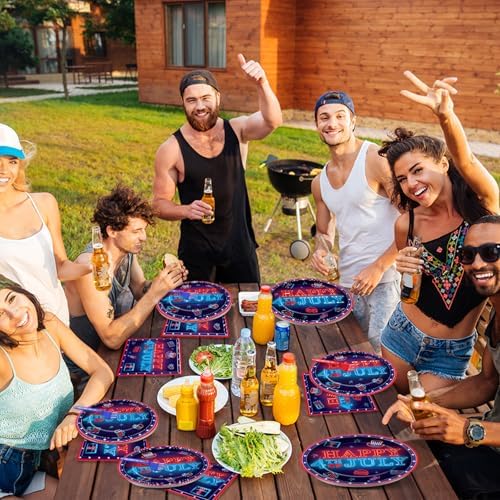 96PCS Happy 4th of July Party Plates and Napkins Neon Independence Day Decoration American Patriotic Plates Neon Red Blue Disposable Tableware for Veterans Memorial Day Birthday Gatherings Decorations - Image 6