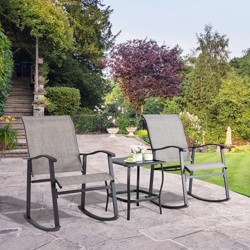 Shintenchi 3 Piece Rocking Bistro Set, Outdoor Furniture with Rocker Chairs and Glass Coffee Table Balcony, Porch Furniture for Small Space, Gray - Image 7