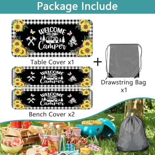 Sunflower Plaid Picnic Table Cover with Bench Covers and Bag, Camping Essentials, Checkered Floral Waterproof Windproof, Fitted Tablecloth Cover with Elastic Edge, Garden & Outdoor, 3 PCS, 30x60 Inch - Image 6