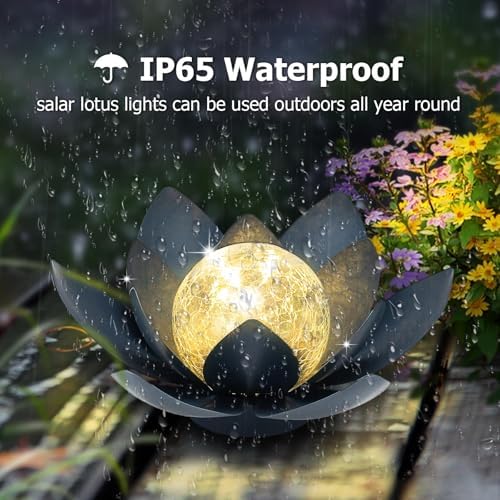 Huaxu Solar Lights Outdoor Garden Decoration Crackle Globe Glass Waterproof LED Metal Blue Lotus Flowers Gift for Mom,Women,Patio,Lawn,Walkway,Tabletop,Ground - Image 3