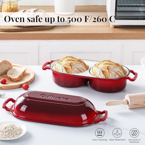 Cast Iron Bread Pan with Lid, Mini Enamel Sourdough Baking Dutch Oven Pot, Double Round Loaf Space for Homemade, Bread, Cake, Meatloaf, 16.5cm Diameter, 500°F Oven Safe, Non Stick, Red - Image 4