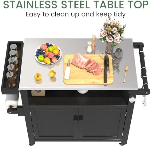 Weatherproof HIPS Outdoor Kitchen Island with Stainless Steel Top & Storage Cabinet, Movable Prep Table with Wheels for BBQ Food Prep, Outdoor Grill Cart for Parties, Black - Image 4