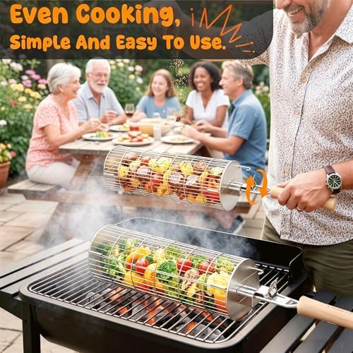 TNTOR Rolling Grill Basket, Larger 304 Stainless Steel Nesting Grilling Net, Removable Handle, BBQ Accessories Tools for Veg Shrimp, Outdoor Cooking Camping Father's Day grilling gifts for men Dad - Image 6