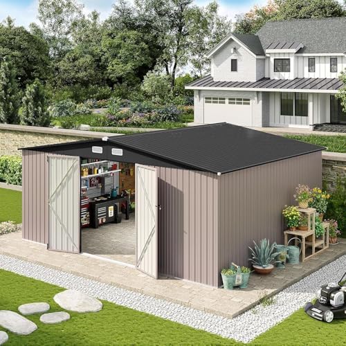 Aoxun 14x12 FT Outdoor Storage Shed, Metal Shed with Lockable Doors, Brown by Aoxun