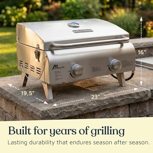 Lifemaster Portable Stainless Steel Gas Grill - 2 Burners Easy Clean Tabletop BBQ Propane Gas Grill with Foldable Legs and Wind Proof Lid for Camping and Outdoor - Silver - Image 2