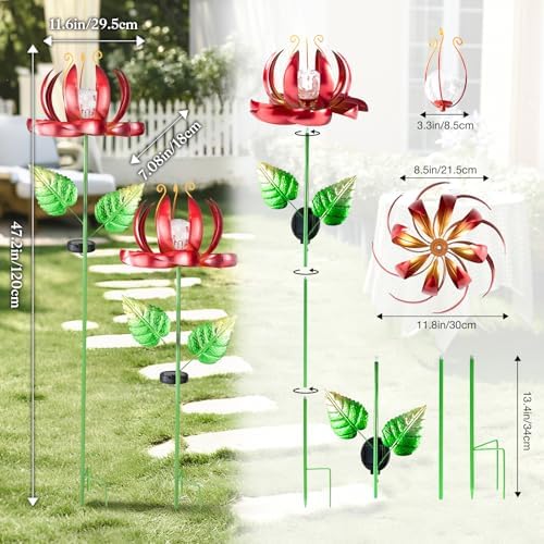 Solar Yard Lights Wind Spinners- Metal Lotus Flower Garden Decor LED Crackle Glass Globe Yard Art Sculpture Solar Stake Lights for Patio Pathway Lawn Walkway (Red-Large) - Image 3