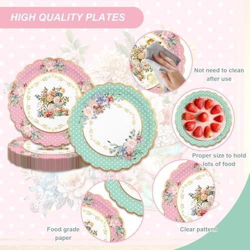 48pcs Floral Tea Party Decoration Set,16 Dessert plate,16 Napkin And 16 Fork,Floral Tea Disposable tableware for 16 persons,Used for Baby Shower Wedding Party Supplies - Image 4