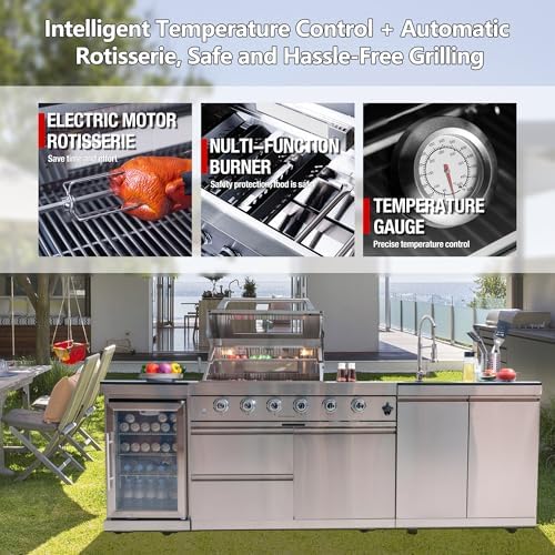 Outdoor Kitchen Island 98.4 Inch, 72000 BTU Gas Grill Combination With Refrigerator and Sink, Outdoor Stainless Steel Barbecue Bar, Natural Gas Barbecue Grill for Patios, Gardens, Parties - Image 4