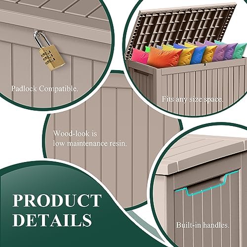 ROJIK Outdoor Storage Housing Deck Box - Waterproof Patio Furniture, Garden Tools, Cushions, Pool Accessories Storage Bench with Lockable Lid and Side Handles (Grey, 275 Gal) - Image 5
