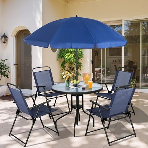 Vongrasig 6 Pieces Folding Patio Dining Set, All Weather Small Metal Outdoor Table and Chair Set, Garden Patio Furniture Set w/Umbrella, Glass Table & 4 Folding Chairs for Lawn, Backyard, Blue by Vongrasig
