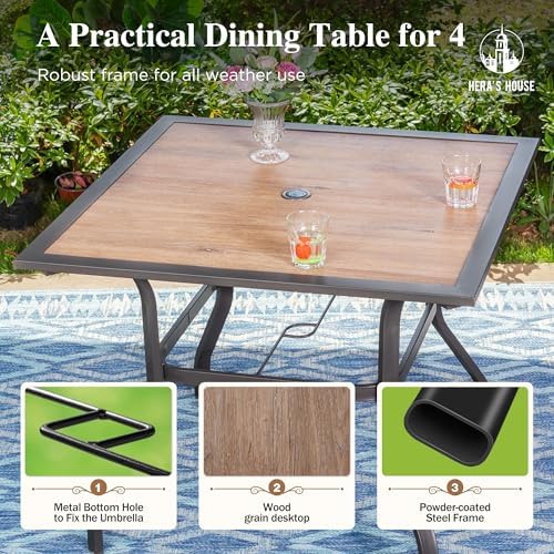 HERA'S HOUSE Patio Dining Set for 4, Wood-Look Metal Table, Red Chair - Image 2