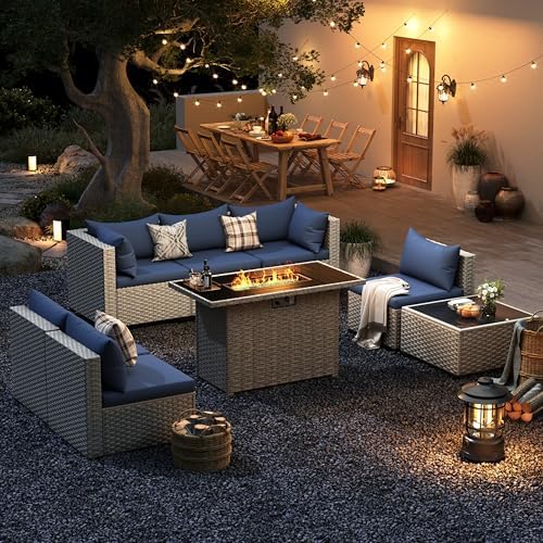 Outdoor Patio Furniture Set with Fire Pit 8 Pcs Wicker Sectional Sofa Blue - Image 2
