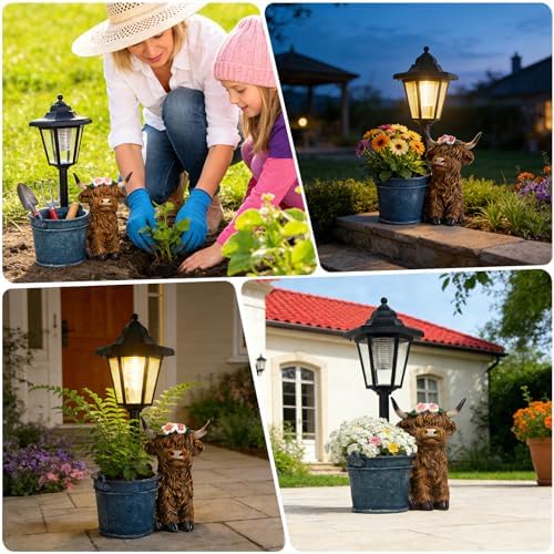 Solar Highland Cow Outdoor Statue, Garden Decor with Flowerpot & Lantern - Image 5