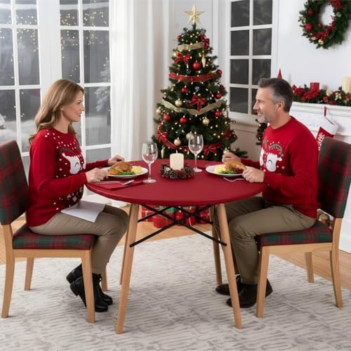 LUSHVIDA Round Tablecloth, Fitted Table Cloth for 36"-44" Tables, Red - Image 2