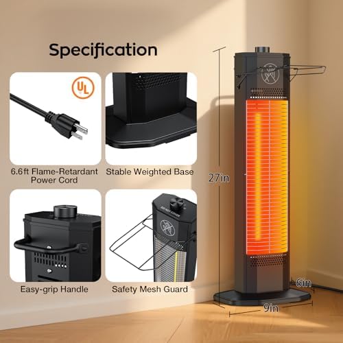 Outdoor Electric Patio Heater, 27-inch Infrared Tower Heater with 1200W Instant Heating, IPX5 Waterproof, Tip-Over & Overheat Protection, Space Heater for Patio Garage Workshop Indoor & Outdoor Use - Image 7
