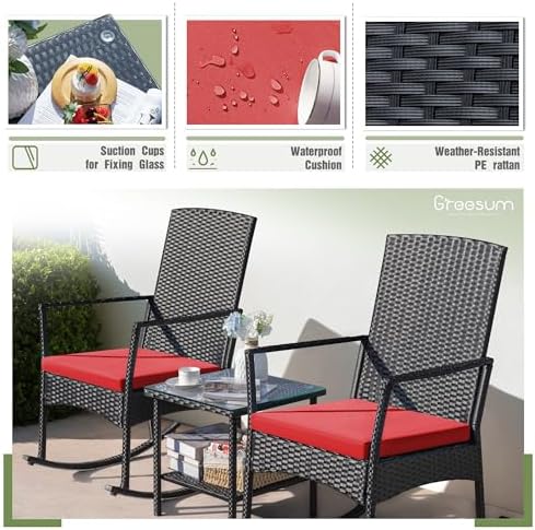 Greesum 3 Pieces Patio Furniture Set Outdoor Wicker Rocking Chairs,Red - Image 7