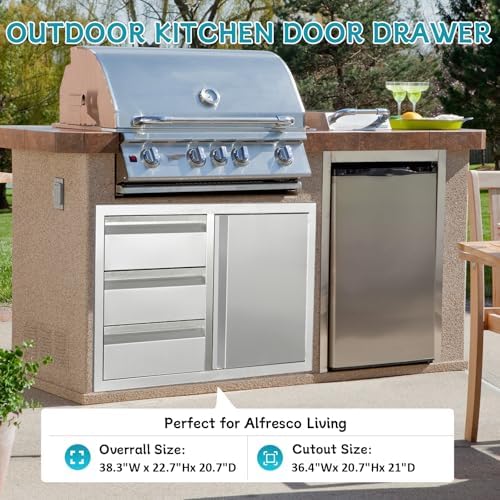 Outdoor Kitchen Door Drawer Combo Cabinet,38.1W x 22.6H x 20.8D Stainless Steel with Handles,Triple Drawers & BBQ Access Combo for Outdoor Kitchen Island (Drawer and Right Door Combo) - Image 3