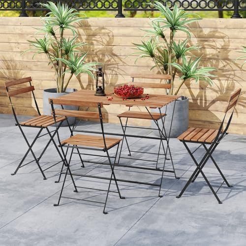 GIANTEX 5-Piece Outdoor Dining Table Set for 4, Acacia Wood Bistro Table with 4 Folding Patio Chairs, Slatted Seat & Tabletop, Metal Frame, for Yard Porch Garden Poolside (Black + Brown) - Image 3
