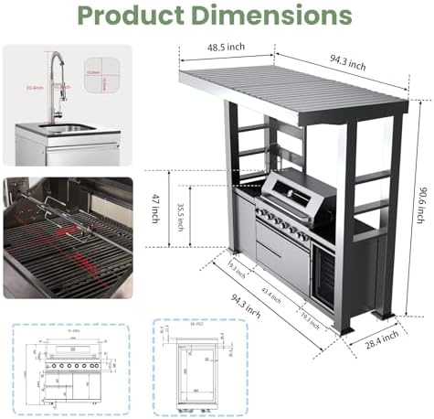 94" Stainless Steel Outdoor Kitchen Island with 6-Burner 85000 BTU,Heavy-Duty Propane Grill with Rotisserie Oven,Galvanized Steel Roof,Granite Countertops,Refrigerator,Sink.(Propane Gas) - Image 3
