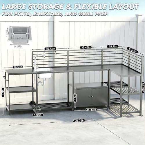 LEVELEVE Modular Outdoor Kitchen Island 5-Piece Set, Aluminum Outdoor Kitchen Cabinets Prep Station with Sink, Built-in Storage & Shelves for Patio, Backyard & Deck - Image 2