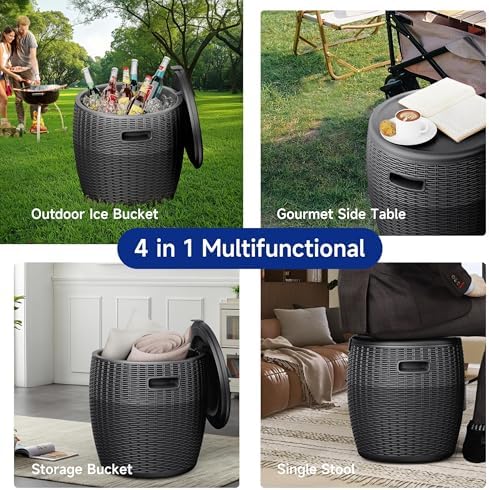 EasyUp 9.5 Gallon Outdoor Cooler Table, Wicker Round Ice Bucket for Parties, Rattan Bar Table with Top Lid Side Handles Drainage Plug, Beer Wine Cooler Side Tables for Patio, Poolside, Deck, Black - Image 7