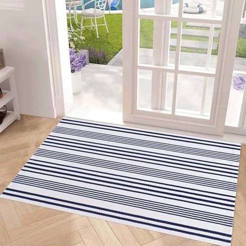 Blue and White Outdoor Rug 24"x51"Fall Woven Striped Front Porch Rug - Image 7