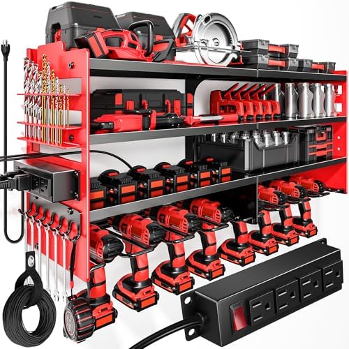 POKIPO Large Power Tool Organizer Wall Mount with Charging Station,4 Layer Heavy Duty Metal Tool Storage Shelf Loads 600lbs,Battery Utility Rack With 4 Outlet Power Strip with 8 Cordless Drill Holder by POKIPO