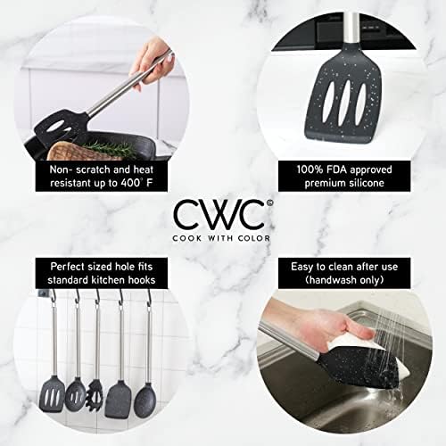 COOK WITH COLOR Silicone Cooking Utensils, Kitchen Utensil Set, Easy to Clean Silicone Kitchen Utensils, Cooking Utensils for Nonstick Cookware, Kitchen Gadgets Set, 5 Pieces, Speckled Black - Image 4