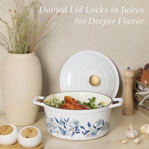 CAROTE 7QT Enameled Cast Iron Dutch Oven Pot with Lid, White & Blue - Image 5