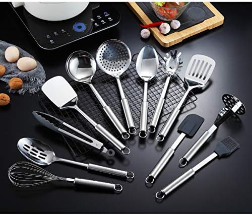 Berglander Cooking Utensil Set 12 Piece Stainless Steel Kitchen Tool Set, Include Cooking Spoon, Spatula, Whisk, Cooking Tong and etc (12 Pieces) - Image 3