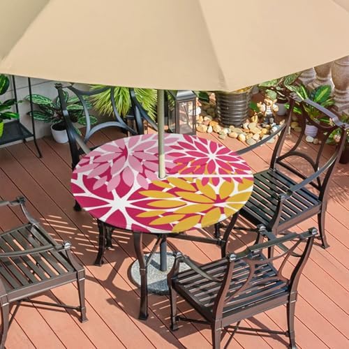 Round Tablecloth with Umbrella Hole and Zipper Elastic Fitted Table Cloth 45"-56" Oil-Proof Waterproof Patio Table Cover for Outdoor Picnic Party, Spring Summer Geometric Elegant Pink Yellow - Image 7