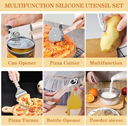 Silicone Cooking Utensil Set, Umite Chef 43 PCS Heat Resistant Kitchen Utensil Gadgets Set-Stainless Steel Handle- Kitchen Spatula Tools for Nonstick Cookware, Pots and Pans Accessories (Khaki) - Image 4