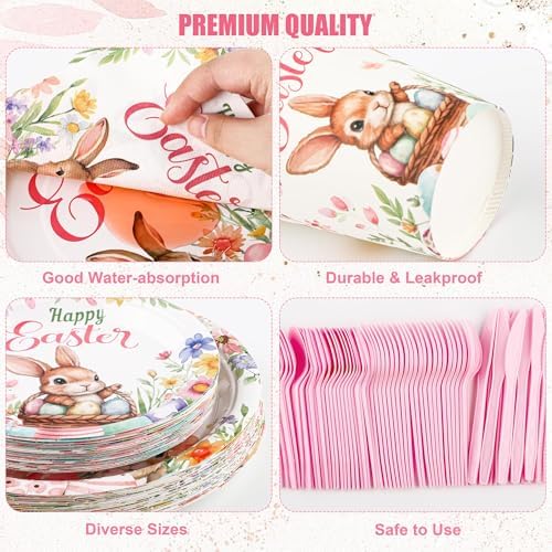 Kochorie 175 Pieces Easter Paper Plates and Napkins Disposable Colorful Eggs Easter Bunny Flower Tableware Set 7 Inch & 9 Inch Plates Napkins Cups Cutlery for Spring Holiday Party Decor, Serve 25 - Image 3