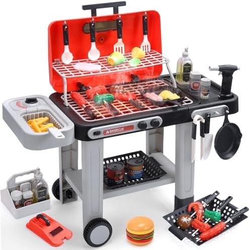 CUTE STONE Kids BBQ Grill Toys, Color Changing Play Food, Sizzling Sound & Light Effects, Cool Mist Spray, Pretend Cooking with Frying & Grilling, 2-Tier BBQ on Wheels - Kitchen Toy, Birthday Gift by CUTESTONE