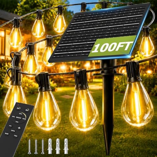 100FT Solar String Lights Outdoor, Dimmable Patio Lights Solar Powered with Remote & USB Port 35+1 LED Shatterproof Bulbs 3 Light Modes, Waterproof Solar Light for Camping Backyard Garden by Unknown