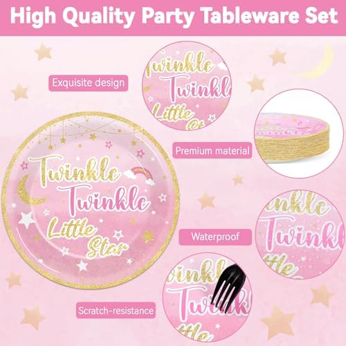 Wiooffen 48 Pcs Twinkle Twinkle Little Star Party Supplies 9" Paper Plates Set Gender Reveal Theme Tableware Pack Pink Baby Shower Party Dessert Plates Little Star Birthday Holidays Decorations - Image 3