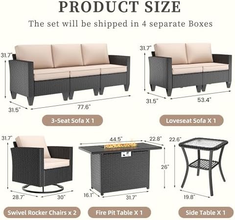 UDPATIO Patio Furniture Set with Fire Pit Table and Swivel Rocking Chairs, 6 Pieces Outdoor Wicker Furniture Set with Waterproof Cover, 4'' Thickened Cushion, Khak - Image 2