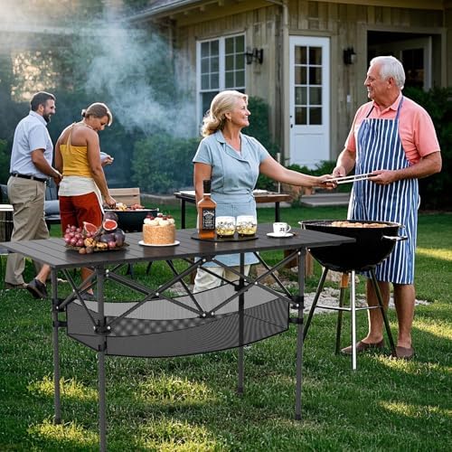 GIANTEX Folding Camping Table, Portable Picnic Table w/Aluminum Roll-up Tabletop & Mesh Basket, Outdoor Lightweight Table w/Carrying Bag for Backyard, Beach, Fishing, BBQ, Patio (47"x22"x27",Black) - Image 2