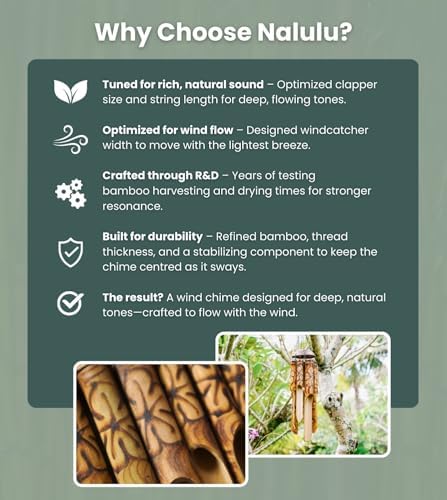 Nalulu Rustic Bamboo Wind Chimes - Outside Outdoor Wooden Windchimes, Medium, Floral Burned Design with Coconut Crown, Handcrafted with Calming Deep Tones, Home Decor Ideal Gift for Him & Her - Image 4