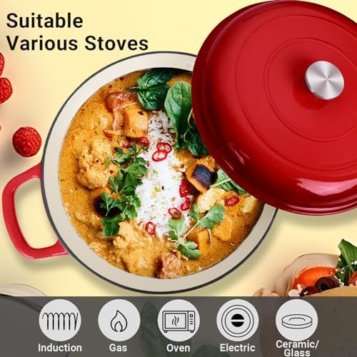 Enameled Cast Iron Dutch Oven, 3.8 Quart Dutch Oven Pot with Lid, Non Stick Cast Iron Pot, Round Oven Safe up to 500°F, Use for Marinate, Cook, Bake and Serve – Gradient Red - Image 6