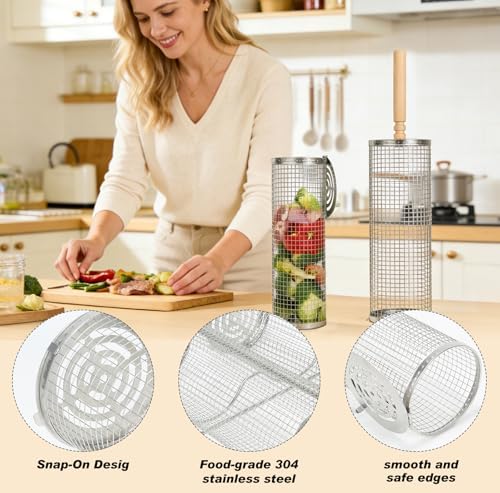2PCS Rolling Grill Basket Grilling Accessories - Removable Wooden Handle, 304 Stainless Steel,Nesting Barbecue Tools,Smoker BBQ Accessories for Vagetable,Outdoor Cooking Camping,Picnic,Dinner Party,Gifts for Men Dad and Husband - Image 3
