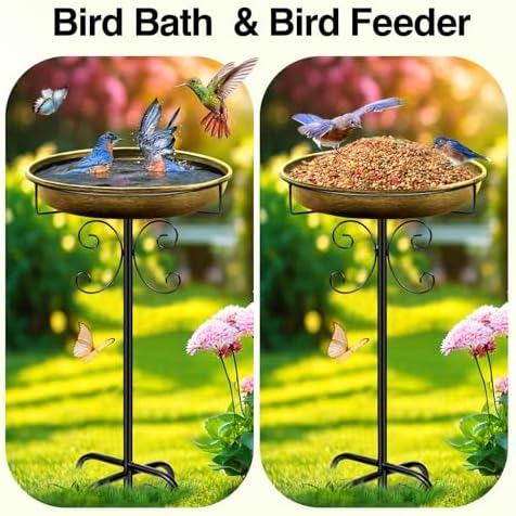 Daoeny 35In Metal Bird Bath for Outside, Vintage Bird Bath Bowl, Detachable Birdbath & Birdfeeder with 5 Prongs Base Stake, Bird Baths for Outdoors Garden Yard Lawn Decor (Antique Golden) - Image 4