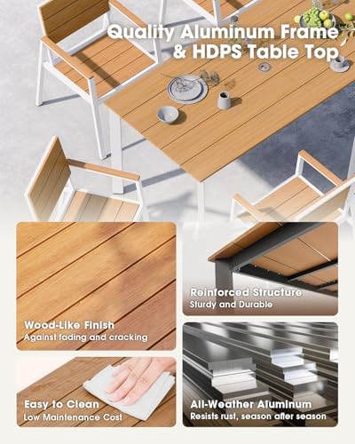 Outdoor Dining Set for 6, Aluminum Patio HDPS Outdooor Table and Chairs Set with Umbrella Hole, All Weather Patio Furniture Set, 7 Peice Patio Dining Table Set (White & Teak) - Image 4