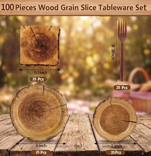 100 Pcs Disposable Rustic Wood Grain Slice Tableware Set for 25 Guests - Image 2
