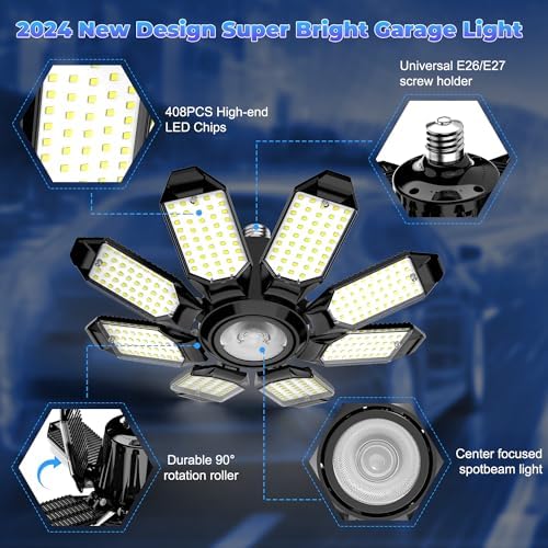 Garage Lights - Super Bright 250W LED Garage Ceiling Light w/ 8 Deformable Panels 6500K Led Light Bulb Srew in E26/E27 Socket with Adjustable Center Spotlight for Barn Workshop Attic - 4Pack - Image 3